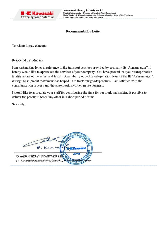 recommendation letter from Kawasaki