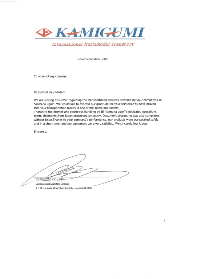 recommendation letter from Kamigumi 