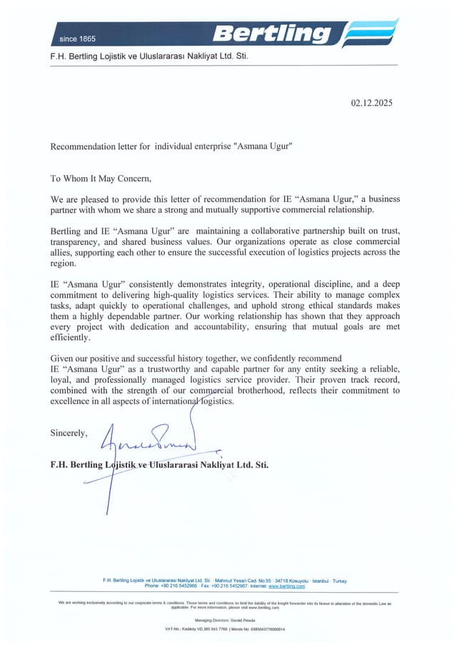 recommendation letter from Bertling